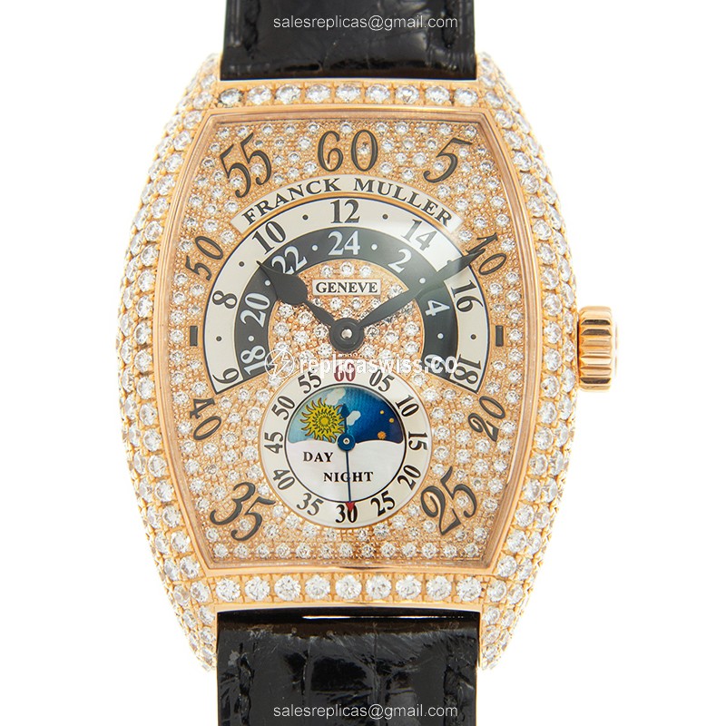 Franck Muller 7880 Replica - Automatic - Rose Gold Case - Diamond Bezel - Black Alligator Strap